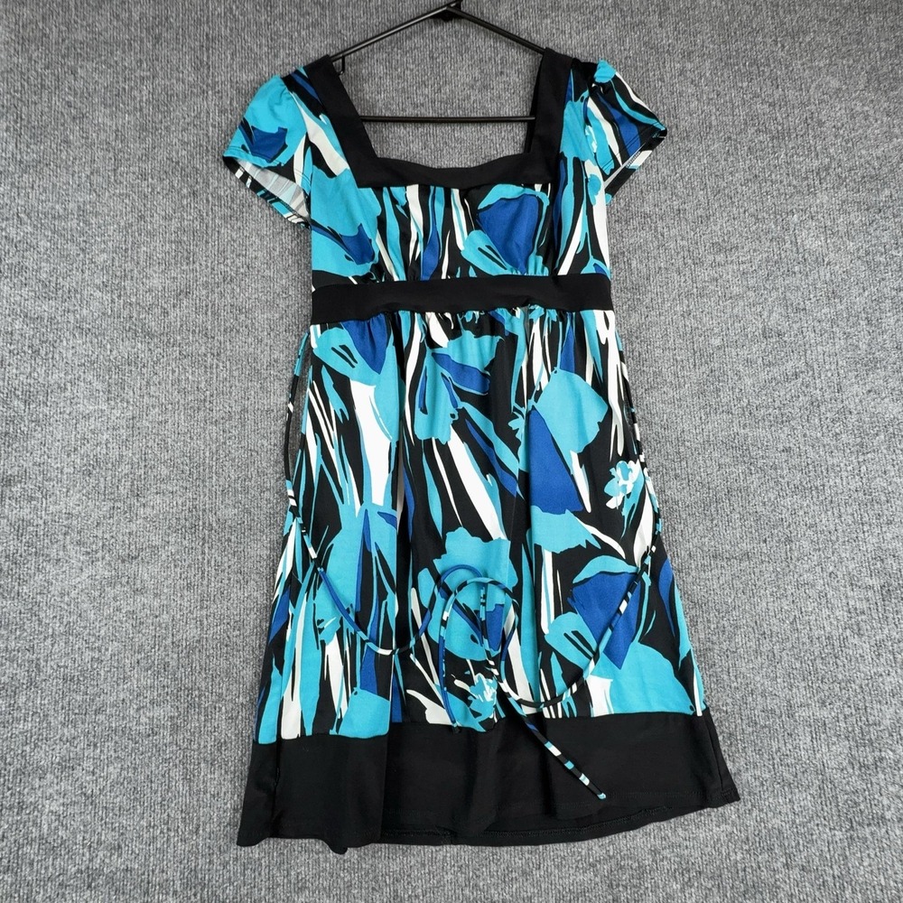 Wrapper Dress Womens Medium Blue Black Floral Square Neck Puff Sleeve Fit Flare
